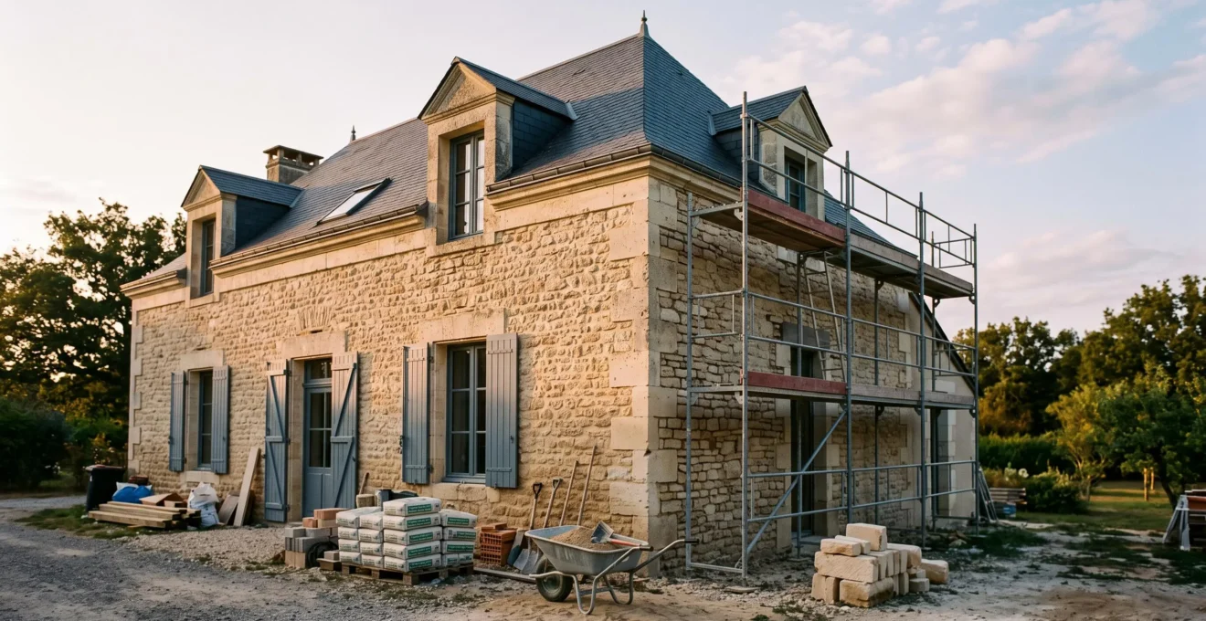 Facade d'une maison francaise en renovation avec echafaudage, symbolisant le financement intelligent des travaux