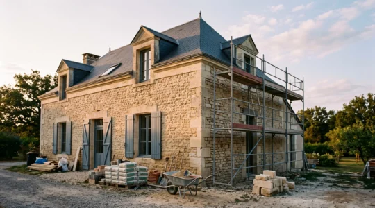 Facade d'une maison francaise en renovation avec echafaudage, symbolisant le financement intelligent des travaux