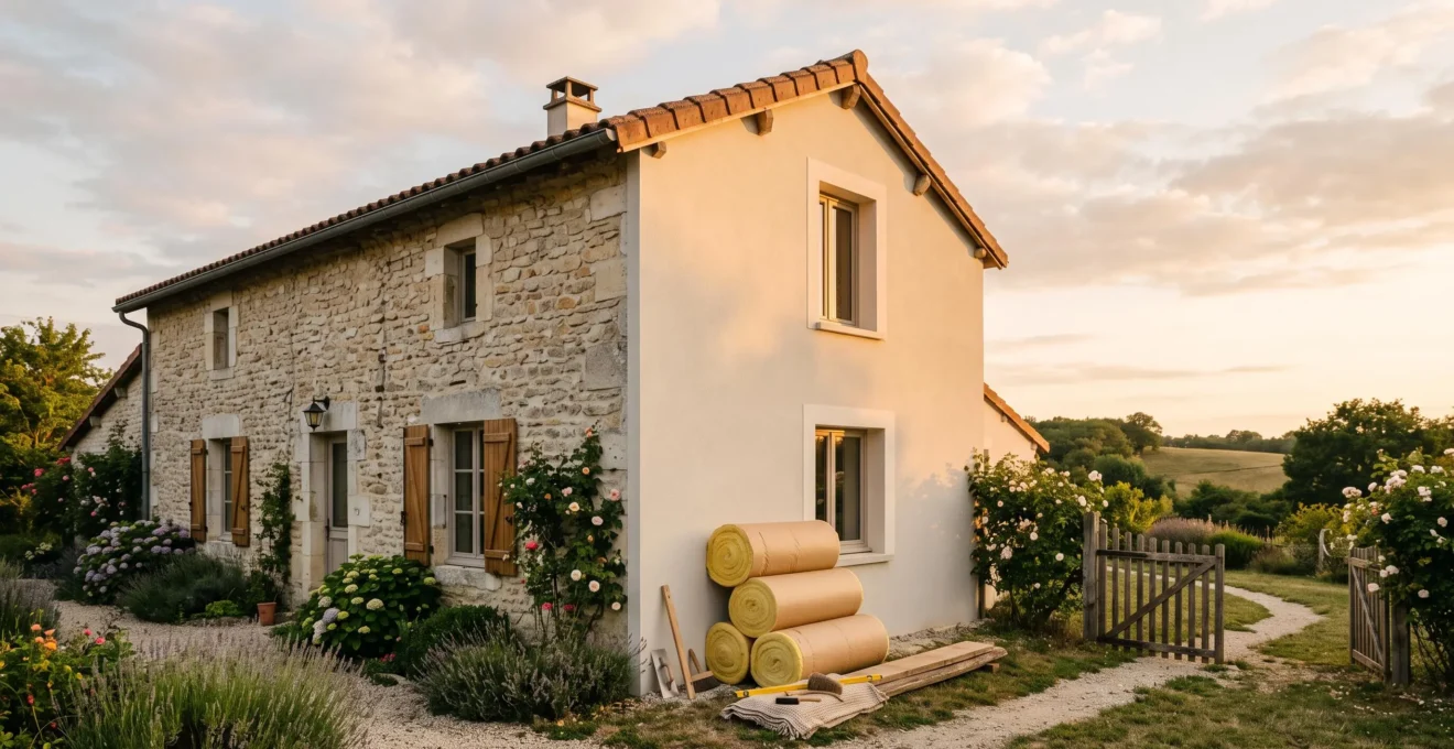 Maison française à mi-chemin entre rénovation traditionnelle et performance énergétique moderne, symbolisant la conformité aux normes pour l'obtention des aides