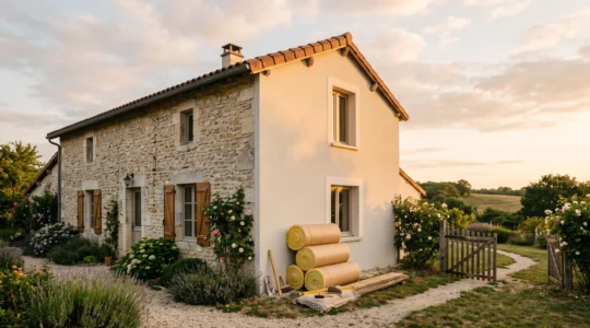 Maison française à mi-chemin entre rénovation traditionnelle et performance énergétique moderne, symbolisant la conformité aux normes pour l'obtention des aides