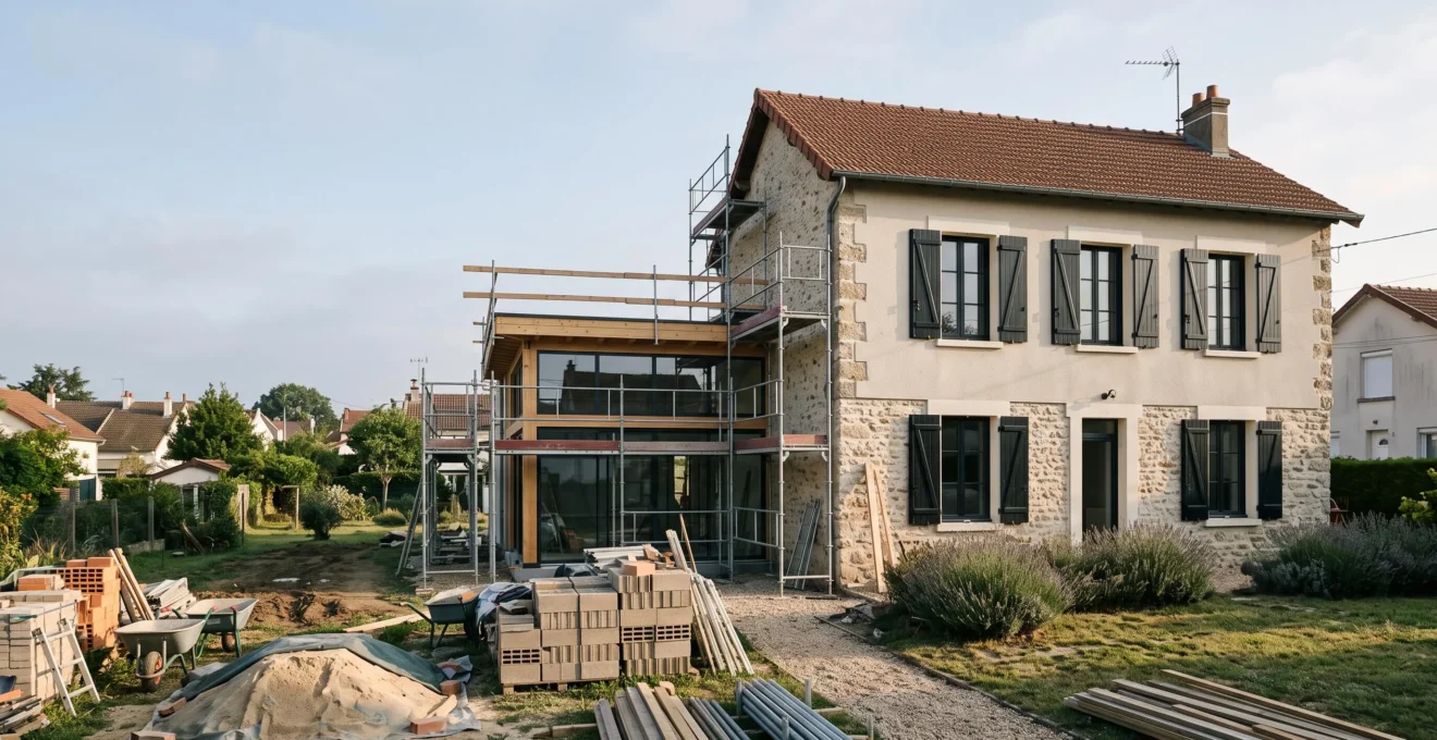 Maison française avec extension en construction, illustrant le franchissement du seuil légal de recours à l'architecte