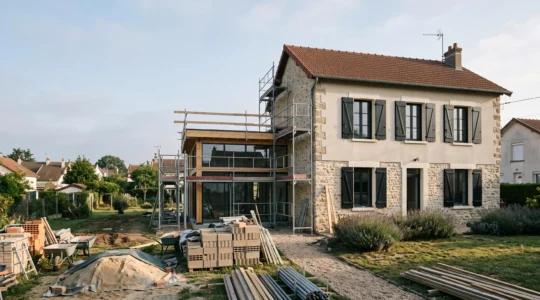 Maison française avec extension en construction, illustrant le franchissement du seuil légal de recours à l'architecte