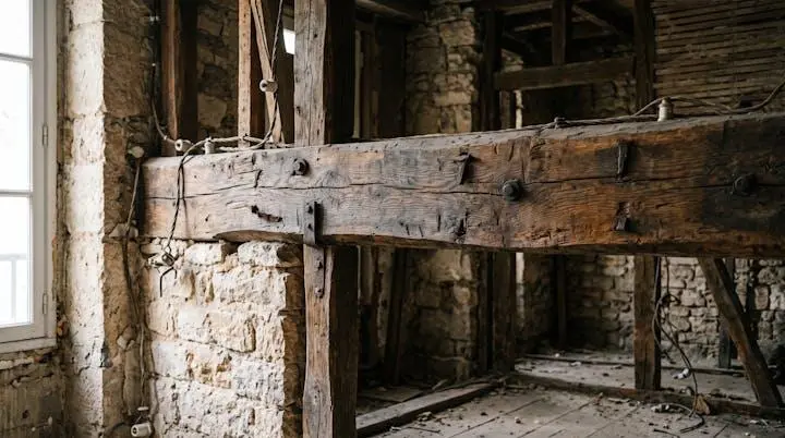 Poutre porteuse en bois massif ancien apparente après curage dans immeuble parisien, révélant texture patinée, fixations métalliques anciennes et signes naturels de vieillissement, murs en pierre de taille en arrière-plan