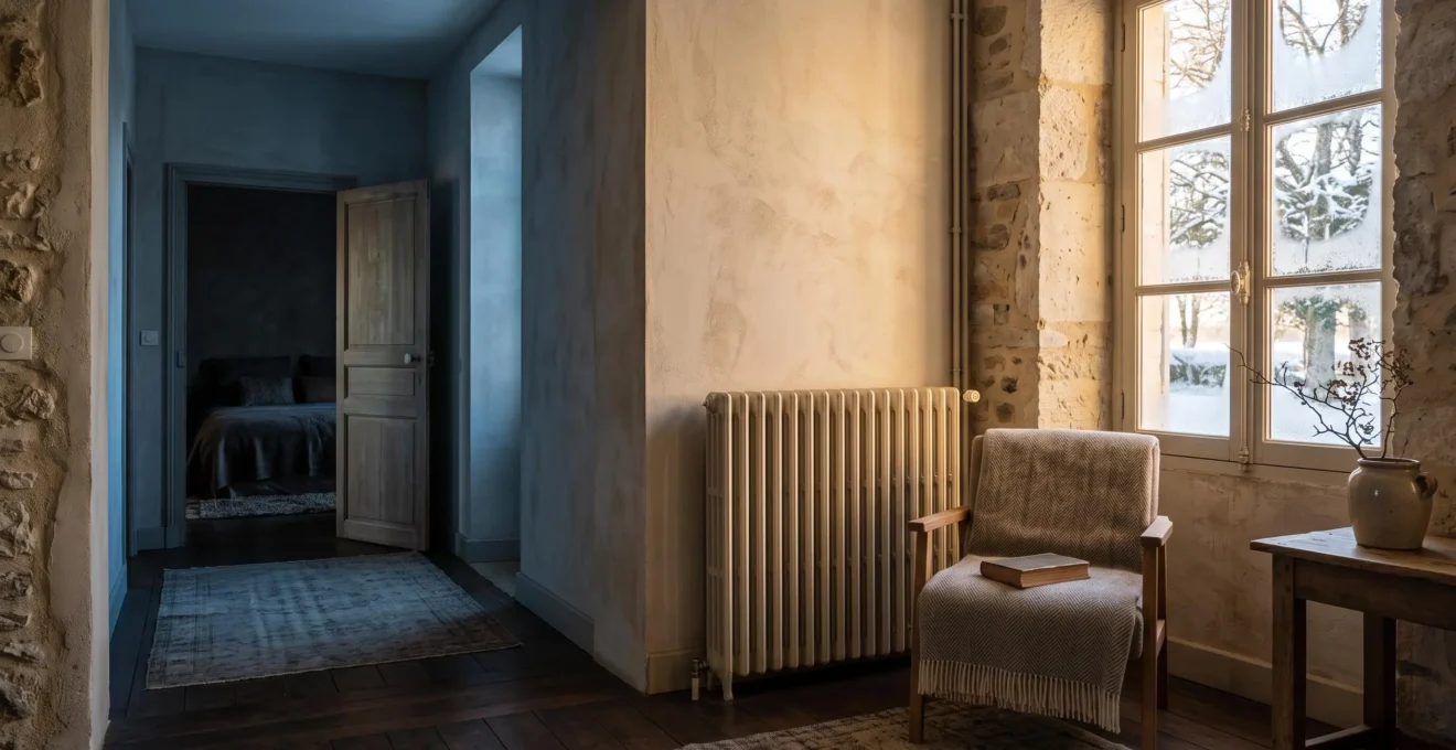 Intérieur d'un pavillon français en hiver illustrant le contraste entre une pièce chaleureuse et une pièce plus froide