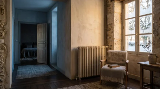 Intérieur d'un pavillon français en hiver illustrant le contraste entre une pièce chaleureuse et une pièce plus froide