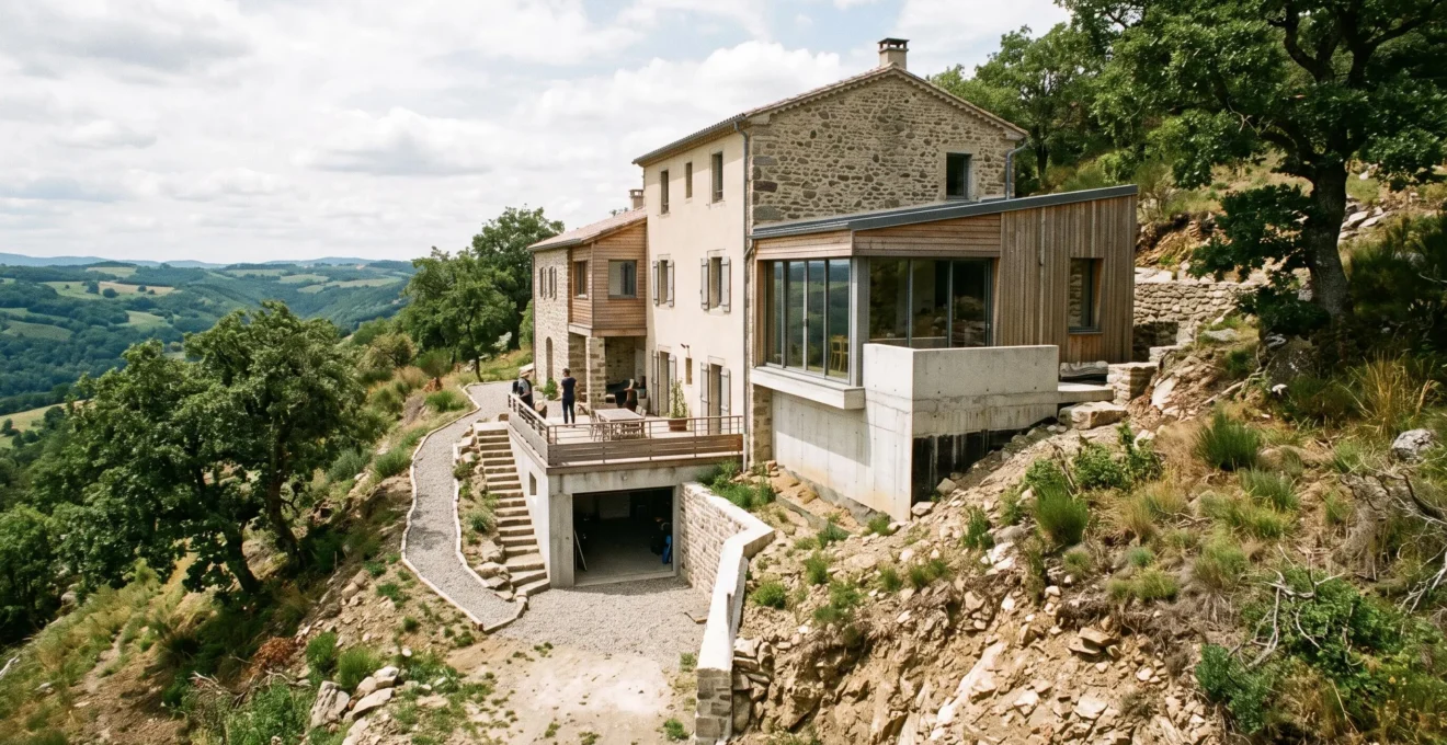 Chantier d'extension latérale d'une maison en cours de construction, structure apparente s'étendant horizontalement à côté de l'habitation existante