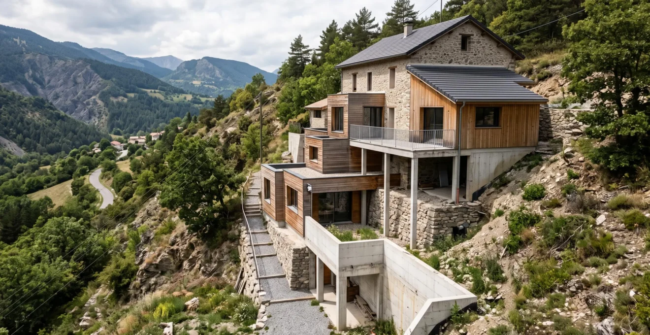 Maison construite sur un terrain en pente avec extension adaptée à la topographie du sol