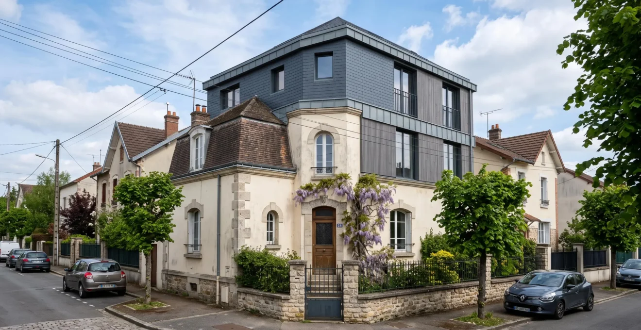Maison individuelle avec surélévation apparente, montrant l'étage supplémentaire construit au-dessus de la structure existante