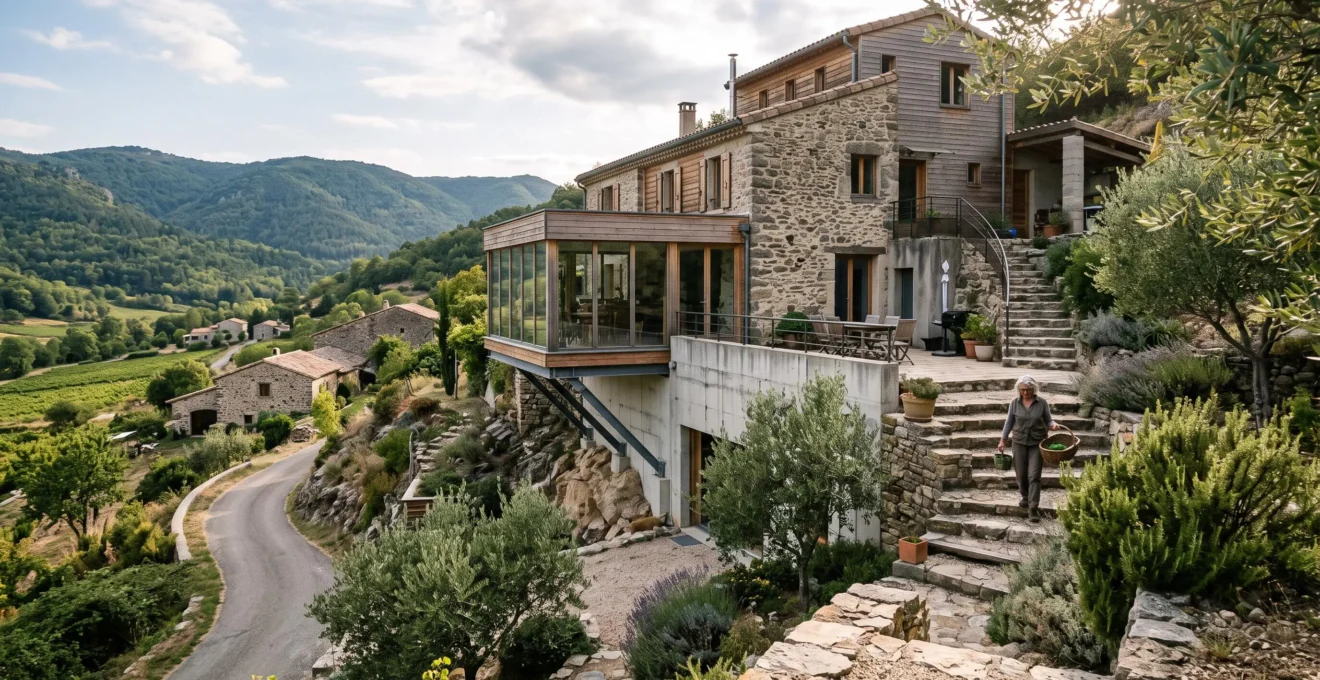 Professionnel du bâtiment évaluant un terrain résidentiel pour un projet d'extension de maison, debout dans le jardin avec la maison existante en arrière-plan