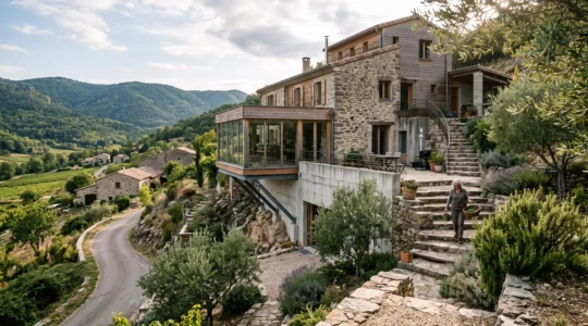 Professionnel du bâtiment évaluant un terrain résidentiel pour un projet d'extension de maison, debout dans le jardin avec la maison existante en arrière-plan